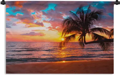 Produktbild von MuchoWow® Wandteppich Wandbehang Palme - Sonnenuntergang - Strand - Meer - Horizont 60x40 cm Tapisserie Dekoration Wandtuch - Wanddekorationen