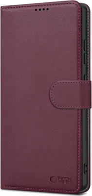 A closed burgundy flip case for a smartphone.