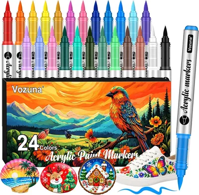 Productafbeelding van Acrylstiften voor Stenen met Flexibele Penseelpunt 1-5 mm - Acrylmarkers - Set van 24