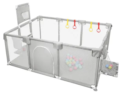 Produktbild von Baby Laufstall - Spielzaun - XXL 180x120x66 cm - Fußballtor & Basketballkorb - 50 Bälle - 4 Zugringe - Atmungsaktives Netz - Metallrahmen - Grün