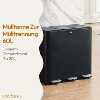 Produktbild von CASABEL Mülleimer Küche 60 L, Mülltrennsystem 3 x 20 L aus Rostfreiem Edelstahl, Rechteckiger Recycling, Abfalleimer mit Pedalen, Fingerabdruckschutz und Geruchsdicht, Schwarz