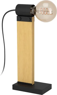 Image de EGLO Lampe de table Bailrigg, lampe de table rectangulaire, FSC100HB, lampe de salon en bois naturel et métal noir, lampe de chevet avec douille E27