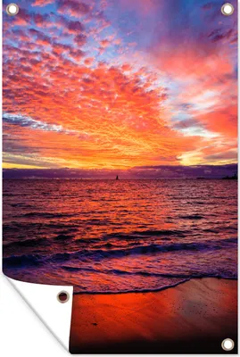 Produktbild von MuchoWow® 60x90 cm Outdoor-Poster Gartendeko Sichtschutz Garten Poster für den Garten  Sonnenuntergang - Strand - Rot