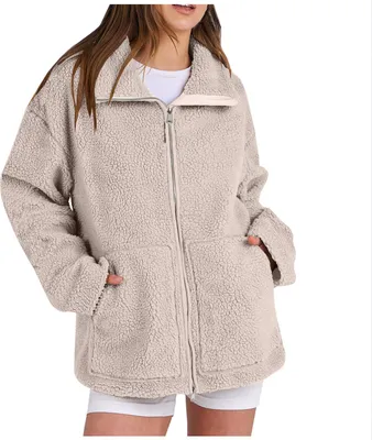 Produktbild von ASKSA Damen Jacke Teddyjacke Doppelschieber Reissverschluss Winter Fleecejacke Winterjacke Warme Teddyfleece Outdoor Casual Jacken mit Taschen (Aprikose,S)