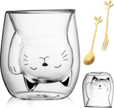 Produktbild von Gohytal Doppelwandige Katzenmok, 200 ml, doppelwandig, Kaffeegläser, süße Tassen, doppelwandige Isoliergläser, süße Mugs, Teeglas, isoliert, doppelwandig, Glas