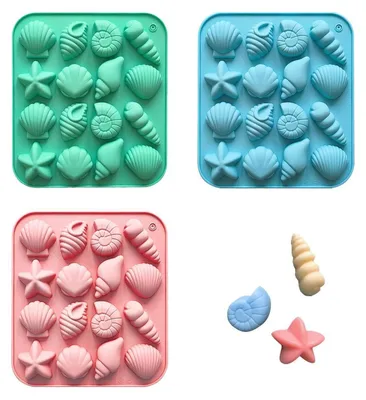 Immagine prodotto di 3 stampi in silicone per creare decorazioni a forma di creature marine, con 16 cavità, ideali per creare decorazioni tridimensionali di animali marini da utilizzare su torte, cioccolatini e saponi