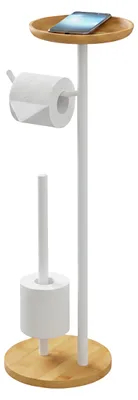 Image de Porte-rouleau de papier toilette Relaxdays, pour rouleaux de rechange, avec tablette, en bambou et métal, H x L x P : 65 x 25 x 20 cm, porte-rouleau de WC, blanc/naturel