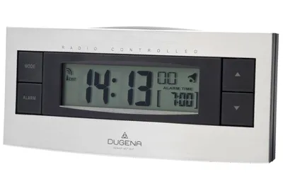 Obrázok produktu pre Digitálny rádiovo riadený budík DUGENA 4460459, rádiový signál pre SEČ/ SEČ, tichý, nastavenie času budenia pomocou funkčných tlačidiel, opakovanie budenia, osvetlenie displeja, rozmery 127 x 57 x 42 mm