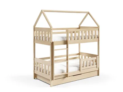 Produktbild von Masseno Etagenbett ELENA 80x190 cm mit Schublade, Rausfallschutz, Kinderbett mit Leiter für Mädchen und Jungs, Stockbett 2 Kinder, Hausbett für Kinder, Kiefernholz