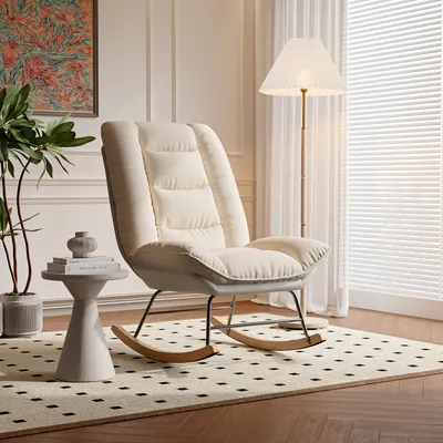 Immagine prodotto di Sedia a dondolo ergonomica con cuscini beige e struttura grigia - Design moderno, lino