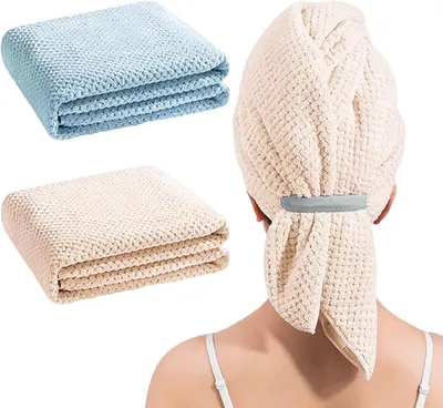 Obrázok produktu pre Mikrovláknové uteráky na vlasy, rýchlo schnúce, 2 kusy, 100 x 60 cm, s elastickou gumičkou na upevnenie vo vlasoch