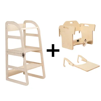 Produktbild von leg&go Verstellbarer Lernturm 2-in-1 Set – Montessori Lernturm mit Fütterungsstuhl & Tisch, Naturholz