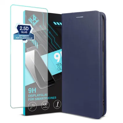 A product shot featuring a blue flip phone case and a screen protector.
