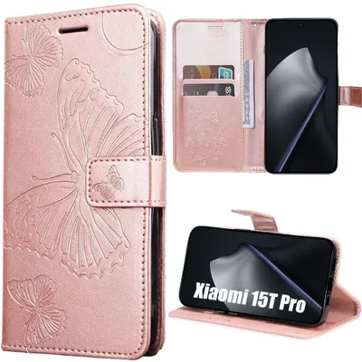 Image de Coque pour Xiaomi 15T Pro, Protection Antichoc Anti-Rayures CuirPolyuréthaneRose Motif Relief Papillons
