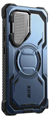 A close-up, angled view of the back of a blue smartphone case.