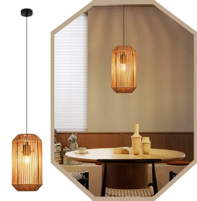 Image de ZMH Lampe à suspension de table de salle à manger Lampe à suspension vintage Lampe à suspension en rotin E27 Longue lanterne Design 1 flamme Lampe de table de salle à manger pour chambre à coucher lit salon couloir(ampoule non incluse)