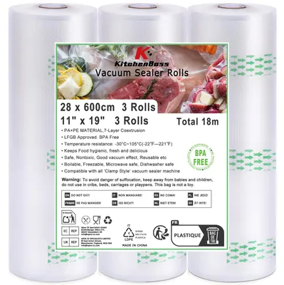 Produktbild von KitchenBoss Vakuumierbeutel 3 Rollen:28x600cm Profi Folienrollen, 170µm, Vakuumi