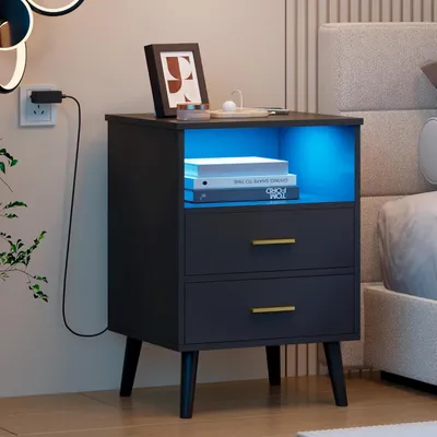 Produktbild von Nachttisch mit Geheimfach und LED, Holz, mit kabelloser Ladefunktion, 3-Farben-LED, USB/Type-C, 3 Schubladen, Schwarz