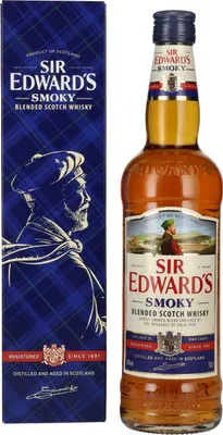 A bottle of Sir Edward's Smoky Blended Scotch Whisky and its accompanying gift box, presented side-by-side against a white background.