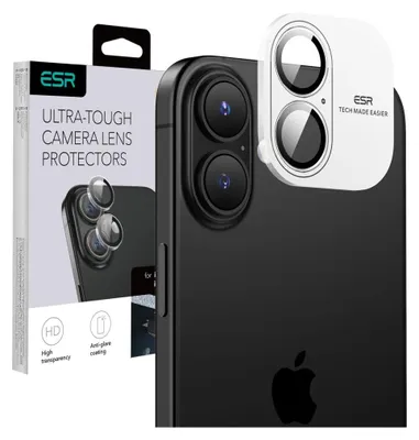 A product shot of ESR camera lens protectors for an iPhone, with packaging in the background.
