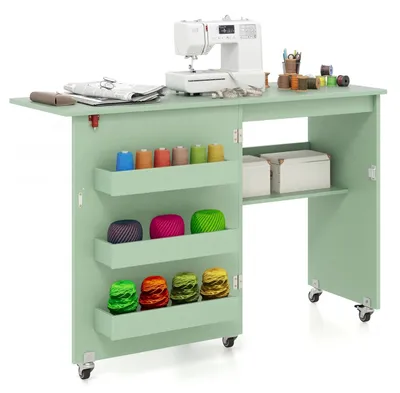 Produktbild von GIANTEX Nähtisch klappbar, Nähmaschinentisch auf Rollen, Nähtisch für Nähmaschine, Nähschrank Holz, Mehrzwecktisch für Wohnzimmer Arbeitszimmer, Grün