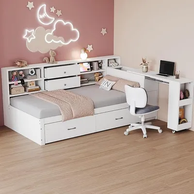 Produktbild von Holzschlafsofa 90×200 cm – Multifunktionsbett mit viel Stauraum, 2 großen Schubladen, ausziehbarem Schreibtisch, USB & Steckdose, Einzelbett Jugendbett Holzbett, Weiß，ohne Matratze