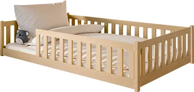 Produktbild von Kinderbett Bodenbett 120x200 cm mit Rausfallschutz & Lattenrost in natur Mädchen Jungen Bett Jugendbett Einzelbett 120x200 cm