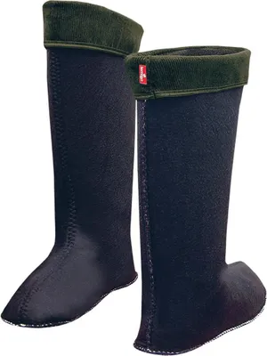 Two black boot liners with green corduroy cuffs are shown against a white background.