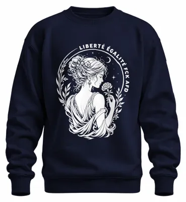Imagen del producto de Liberté Égalité Fraternité. Camiseta tipo suéter, diseño "Frau Blume", con un toque de sarcasmo. Color azul marino, talla XXL