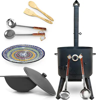 Produktbild von Utschak Feuerofen 49cm Gusseisen Kazan 22 L Deckel Schaumlöffel казан учак Lagan