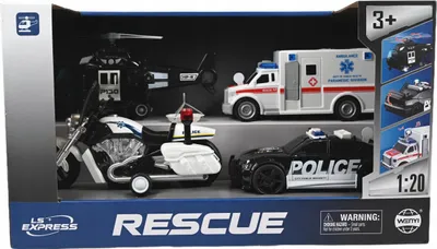 Produktbild von Polizei Spielzeug Set 4 Fahrzeuge Auto Hubschrauber Motorrad Ambulanz Licht & Sound 20cm