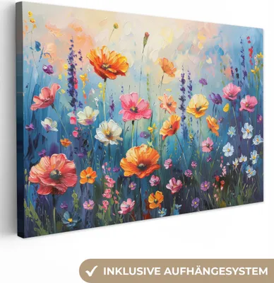 Produktbild von MuchoWow® - Leinwandbilder - Blumen - Natur - Aquarell - Kunst, Wandbild, Wanddeko Bilder Wohnzimmer, 120x80 cm