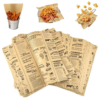 Produktbild von 100 Blatt Backpapier, Zeitungsoptik, zugeschnitten auf die Größe (25 x 25 cm), Butterpapier, Hamburgerpapier, Käsepapier, ölbeständig, sicheres Verpackungspapier für Sandwiches, Pommes frites, Gebäck und Brot.