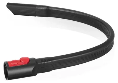 A black flexible crevice tool with red buttons, likely for a vacuum cleaner, is shown against a white background.
