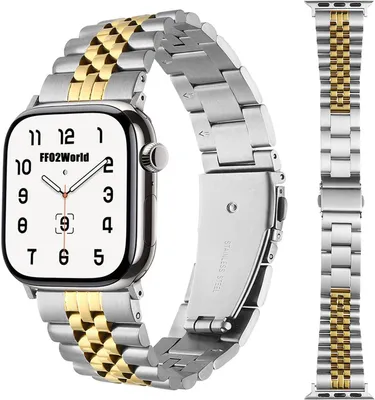 Produktbild von FFO2World Edelstahlarmband mit 5- & 3-Glieder-Design für Apple Watch 42/41/40/38 mm (Serie 1–11, SE) – robustes Metallarmband – Silber/Gold