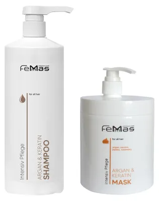 Produktbild von FemMas Argan & Keratin Shampoo 1L + FemMas Argan & Keratin Maske 1L mit Pumpe