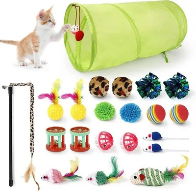 Produktbild von Kattenspielzeug, 21 Stück, Spielzeugset für Katzen mit Tunnel, Bällen, Federball, Plüschspielzeug, Spielzeugmäusen, Teaser für Katzen, für Hunde.