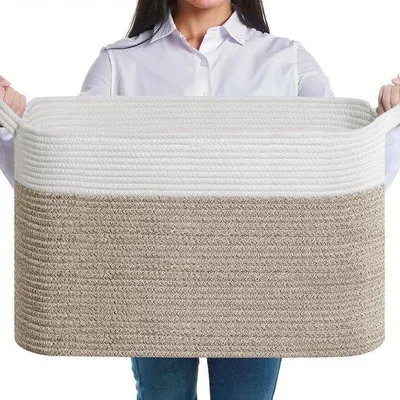 Produktbild von Ibenzoa® Großer Wäschekorb aus 100% Baumwolle – 63 L, faltbar mit Tragegriffen, weiß/braun, 55 x 38 x 30 cm, für Wäsche & Aufbewahrung
