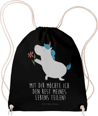 Produktbild von Mr. & Mrs. Panda gymnastiktasche Einhorn Blume - Schwarz - Geschenk, Gymbag, wander rucksack, Unicorn, Einhörner, Beutel, Stoffbeutel, Baumwolltasche, Freund, Ehe, Liebe