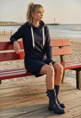 Produktbild von Salzhaut Damen Hoodie-Kleid Mööv unifarben - Kapuzenkleid Langarm mit Eingrifftaschen in Navy Größe S