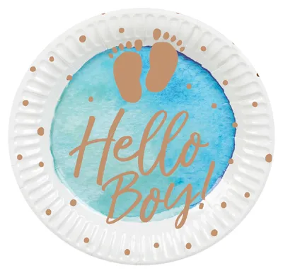 Produktbild von 10 Pappteller Hello Boy Blau und Gold 23 cm Babyparty - Einheitsgröße
