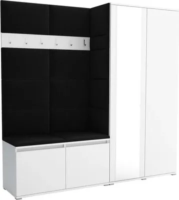 Productafbeelding van Garderobeset Noris IV met spiegel, beklede garderobe met zitbank, wandpanelen en opbergruimte (kleur: wit + Trinity 16)