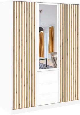 Produktbild von Furniture24 Kleiderschrank Bali D3 Lux Schlafzimmer 3 Türiger Drehtürenschrank 3 Schubkästen Schrank 1 Kleiderstange 5 Einlegeboden Spiegel Wotan Eiche Weiß Lammelenschrank