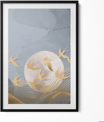 Produktbild von Illustration des Mondes und fliegender Vögel– Wandbild mit Rahmen – Gerahmtes Bild  – Wanddekoration – 70x100 cm –  Schwarz Rahmen