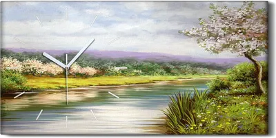 Produktbild von Wanduhr Bürouhr Leinwand Bild 60x30 Malerei Bäume Fluss Blumen Landschaft Natur - weiße Hände
