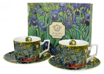 Produktbild von DUO ART GALLERY 2er-Set Luxus Tassen 270 ml IRISES inspired by Van Gogh, mit Untertassen, New Bone China Porzellan