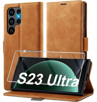 Obrázek produktu pro Obal na mobil Samsung Galaxy S23 Ultra 5G z umělé kůže, skládací, hnědý, s ochrannou fólií