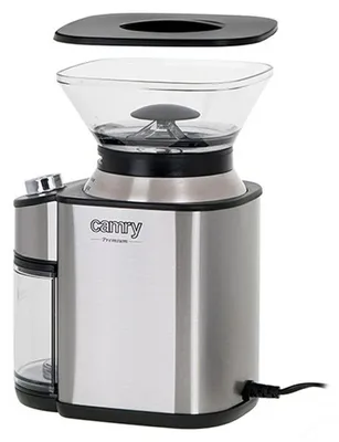 A product photo of a coffee grinder with its lid slightly ajar.