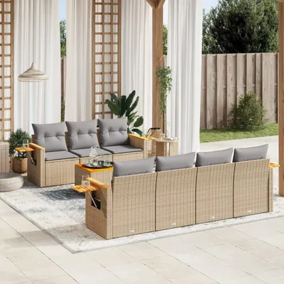 Produktbild von Design 8-tlg. Garten-Sofagarnitur mit Kissen Beige Poly Rattan, Gartenmöbel-Sets 2024 Neu