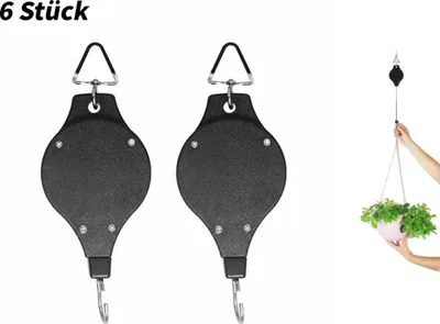 Produktbild von 6 Stück Blumenkorb-Haken, Einziehbarer Blumentopfhaken Seilrolle Ampelaufzug Pflanzenlift Einziehbarer Verstellbarer Pull Down Aufhänger Haken Pflanze